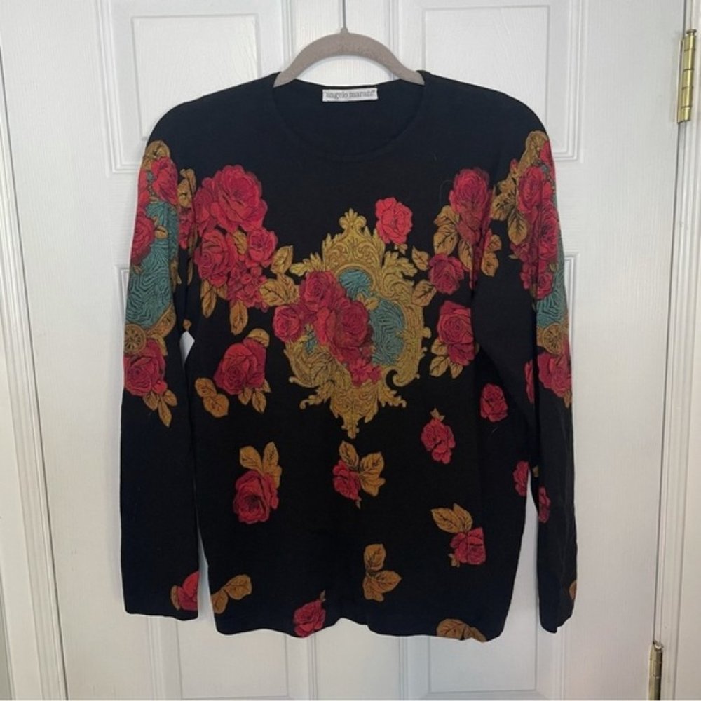Angelo Marani Made in Italy 100% Wool Crewneck Black Floral Rose Sweater Medium